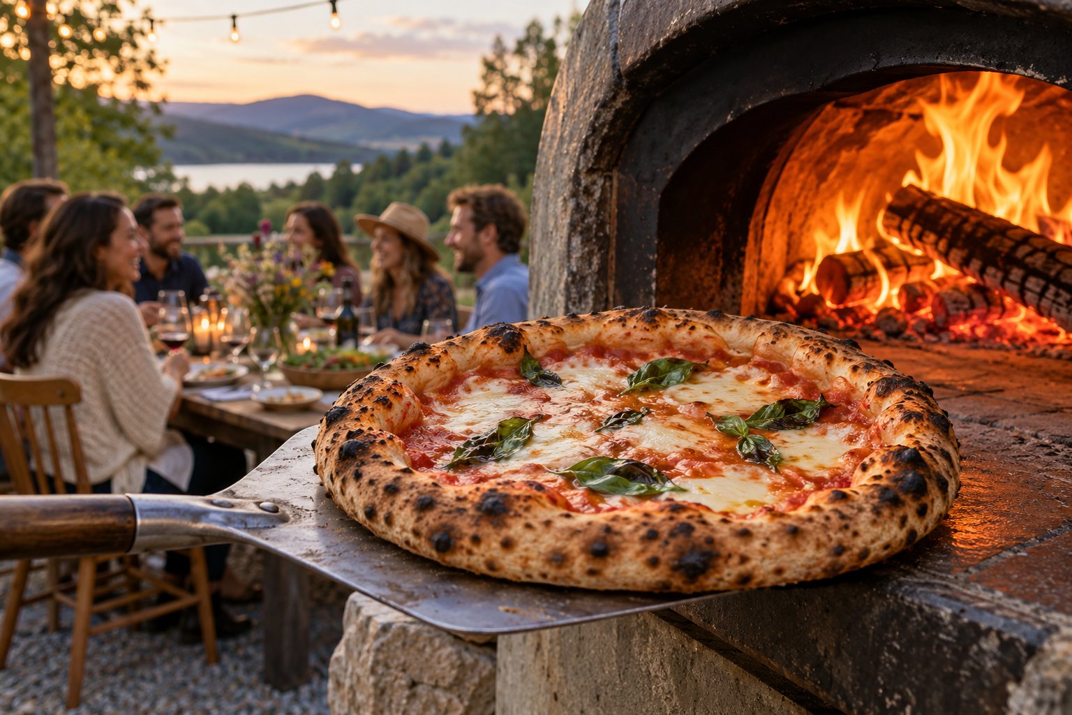 Pizza margherita sortant du four à bois, invités attablés en arrière-plan au coucher du soleil